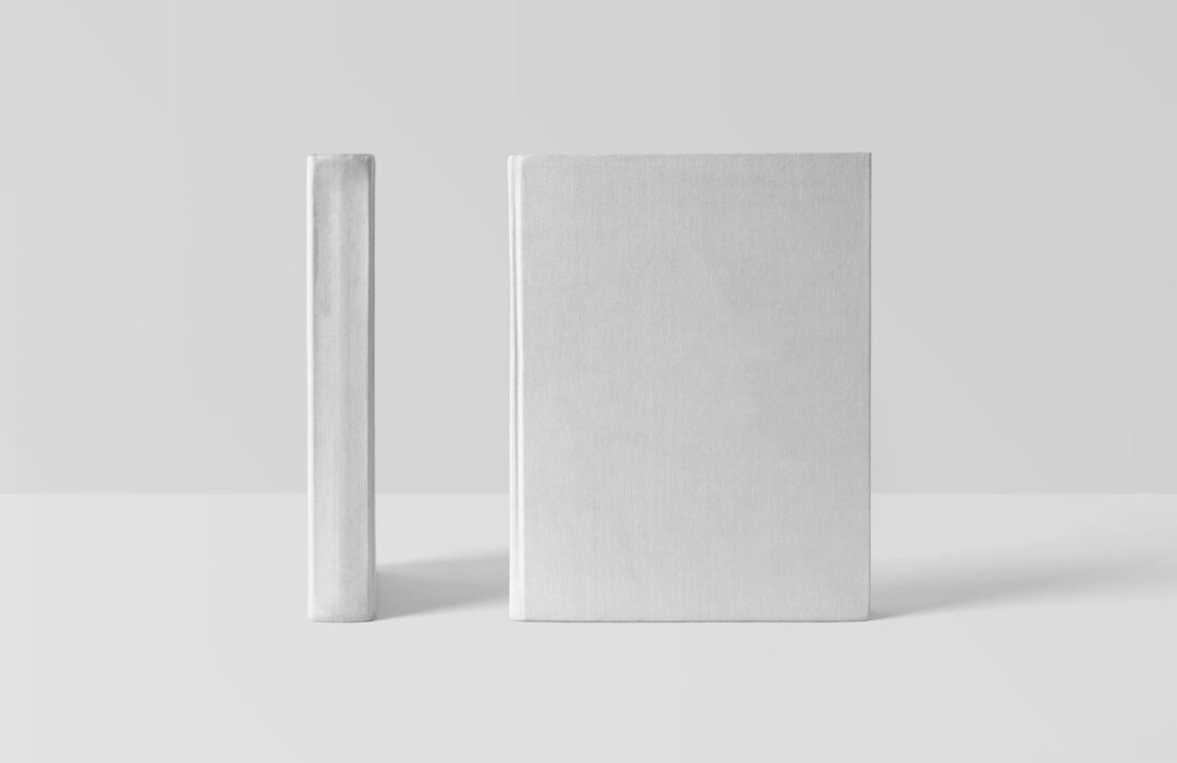 Deux livres blancs sans titre, présentés debout sur fond gris